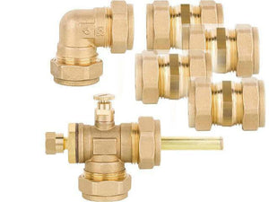 Brass plumbing fittings and valves including elbow joints and connectors for efficient water flow.