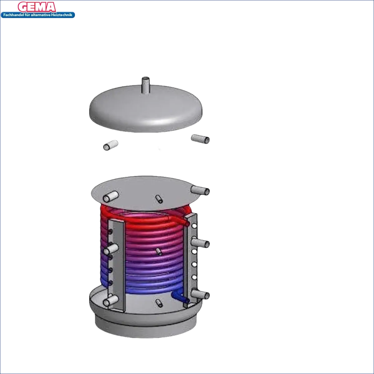 Explodierte Ansicht eines zylindrischen Wärmetauschers für Boiler-Zubehör mit 1px solid