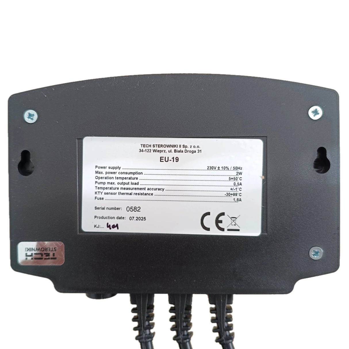 TECH EU-19 Pumpensteuerung für Heizkreispumpe Zentralheizung Rückansicht mit technischen Daten