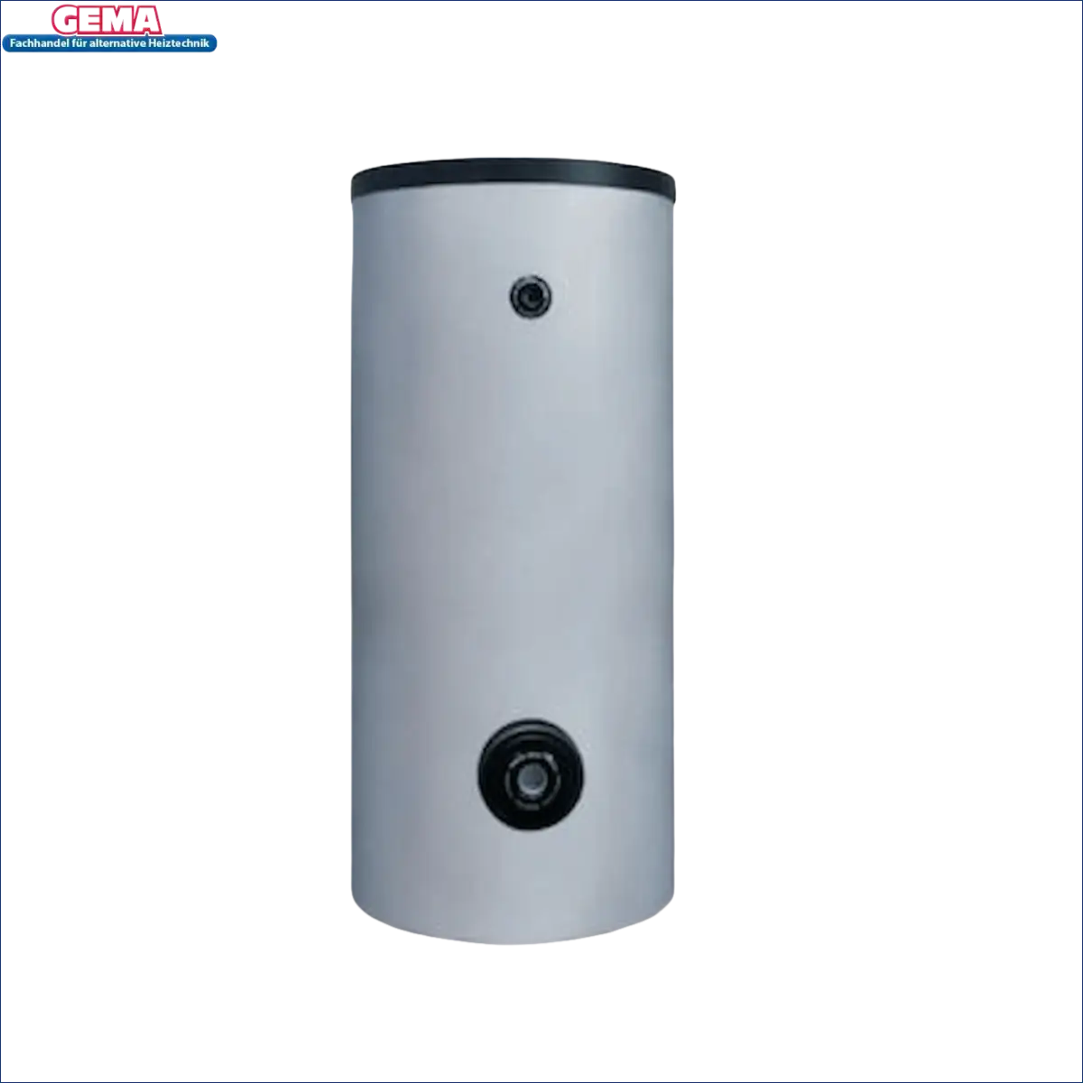 Cylindrischer Warmwasserspeicher Sunex Fish S15 mit schwarzen Rahmen und technischen Daten