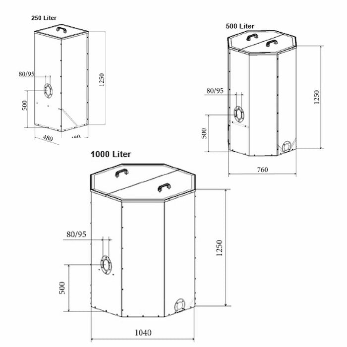 Diagram showing dimensions of three storage tanks: 250L, 500L, and 1000L with detailed specifications.