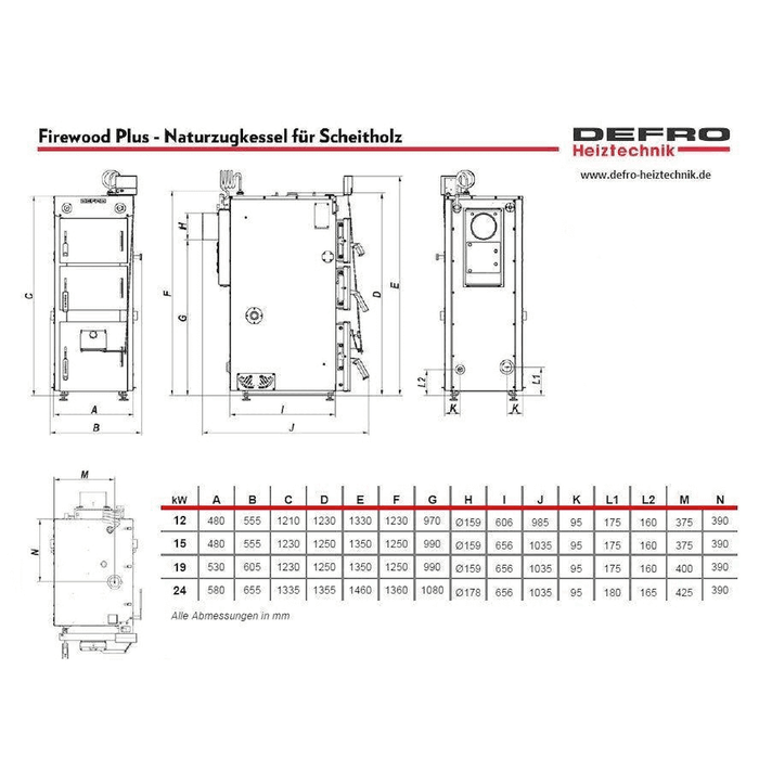 Diagram of Defro Firewood Plus 12 kW Scheitholzkessel with dimensions and specifications for installation 🔧🔥