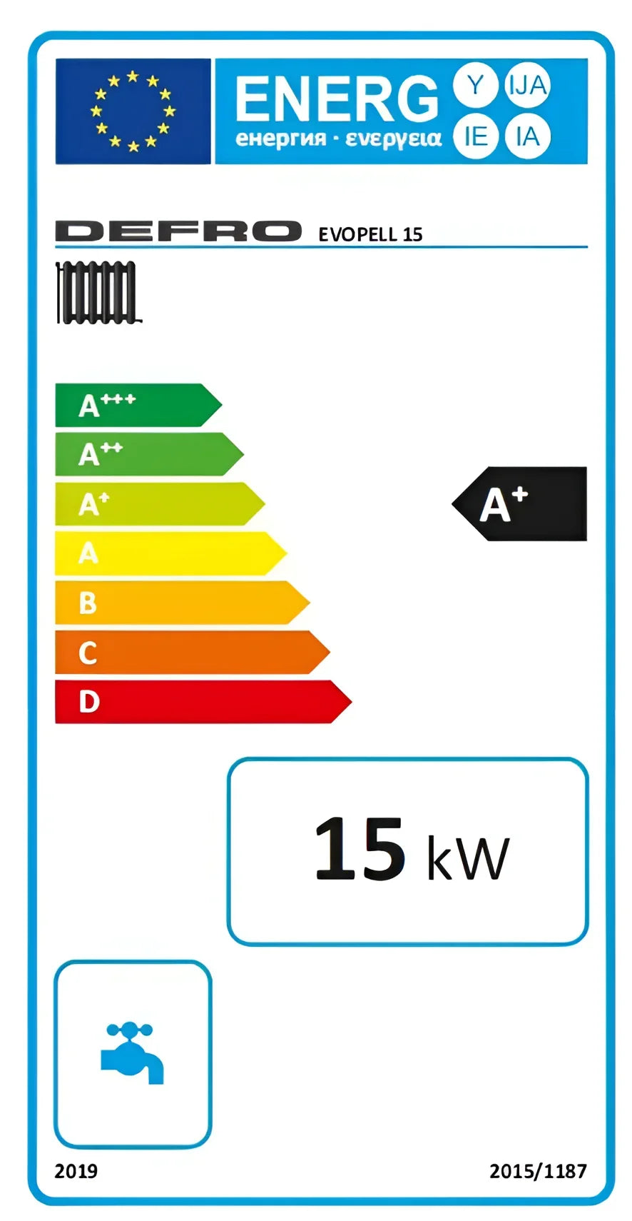 Energieeffizienzlabel auf der Defro Evopell Pelletkessel 15 kW Heizungsanlage