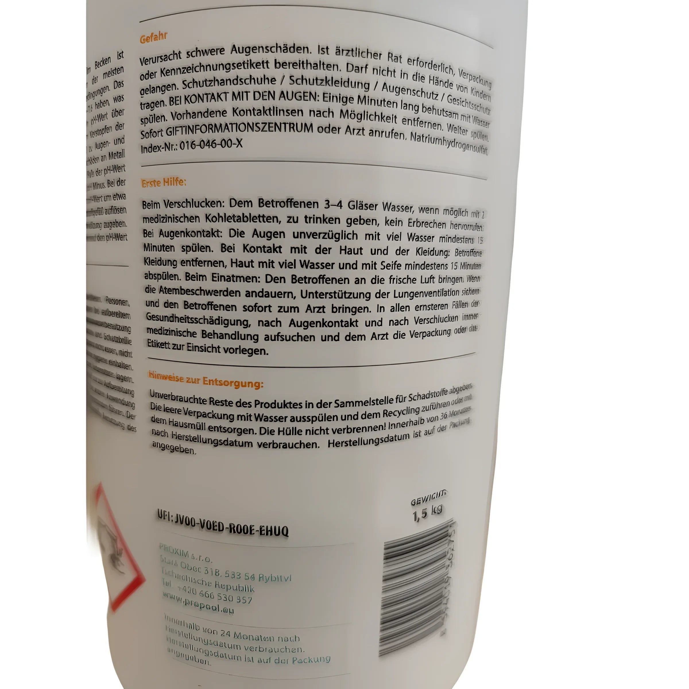 Reinigungsproduktlabel für pH minus Natriumbisulfat mit sichere anwendung für hartem Wasser