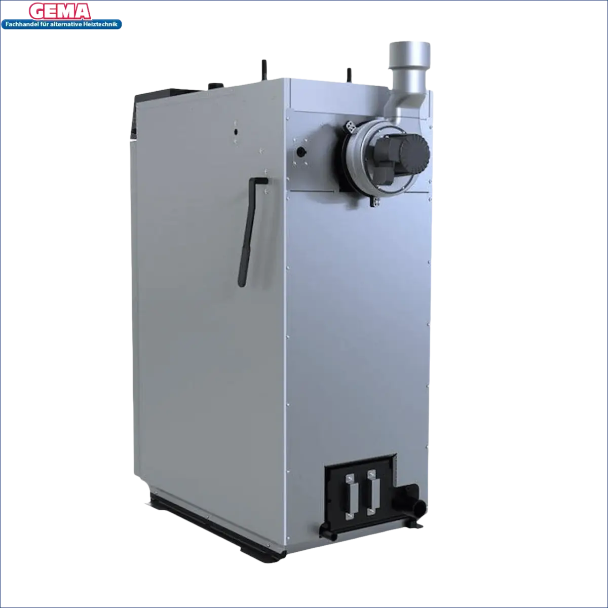 Silberfarbenes industrielles Boiler mit schwarzen Akzenten für Defro Optima HG Holzvergaserkessel