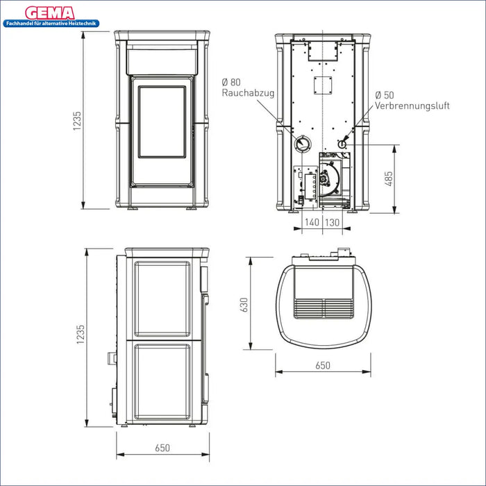 Technische Zeichnung des Wood-burning Stoves Edilkamin Kira2 H 18 Up
