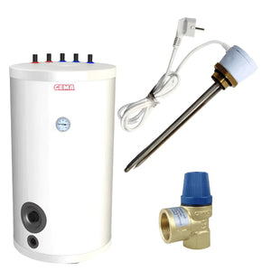 Hot water tank mit Zubehör für sicheren Betrieb, technische Daten und Anschluss Vorlauf
