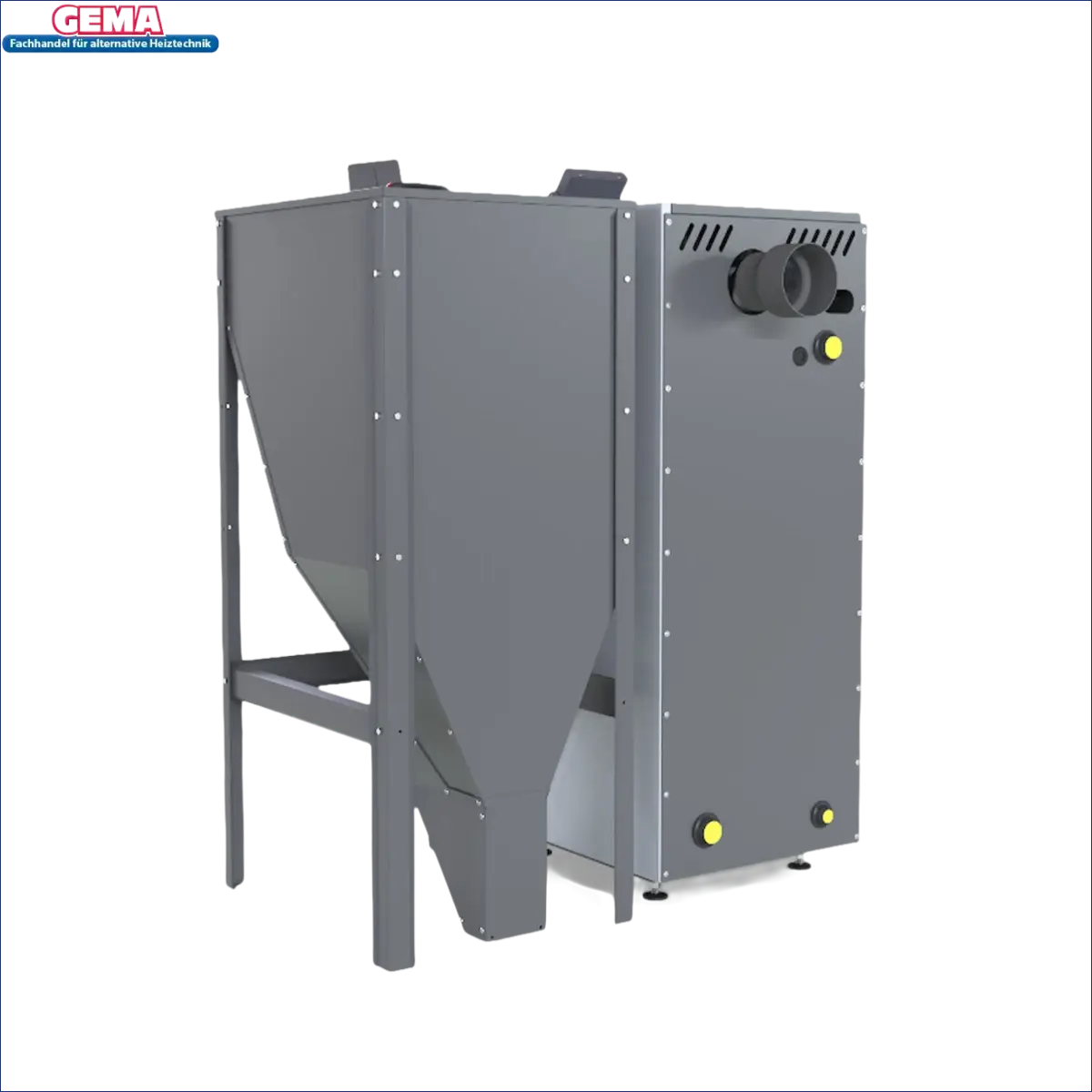 Grauer Industriehopper und Schrank für Pelletkessel NEXTPELL+ 16 kW