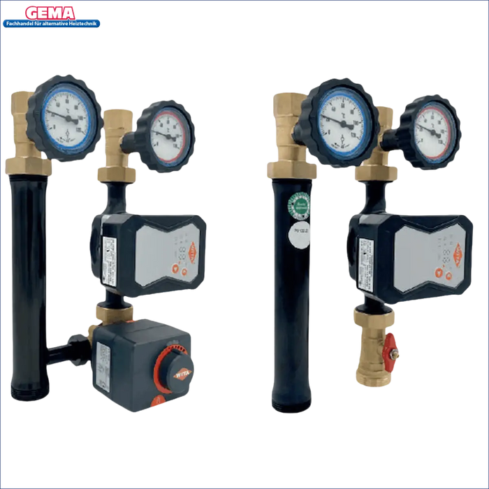 Zwei Manifold-Anlagen mit Gauges und Pumpen für die Pumpengruppe mit 3-Wege-Mischer