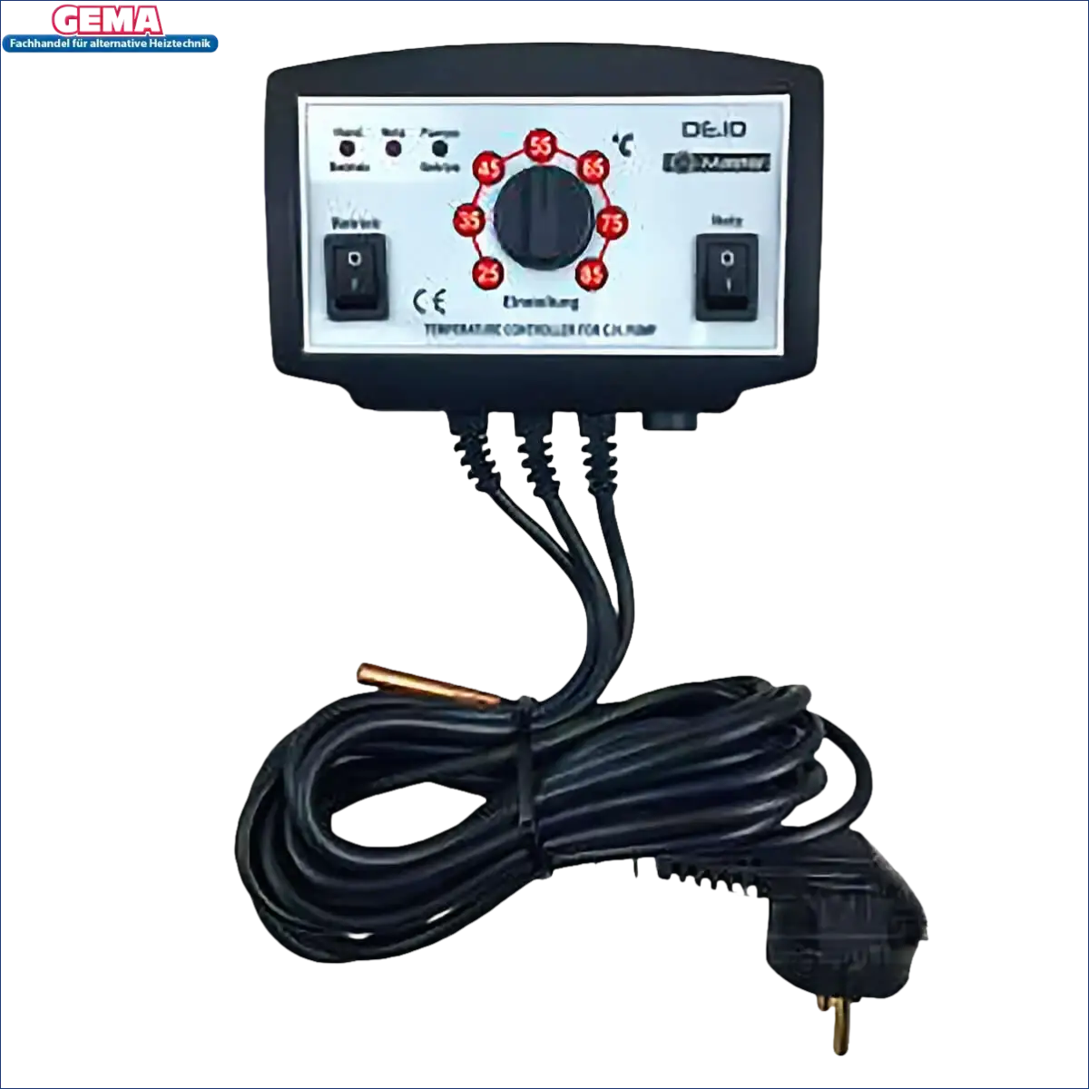 Schwarze Pumpensteuerung DE.10 mit Sonde und Netzkabel, ideal als Boiler-Zubehör
