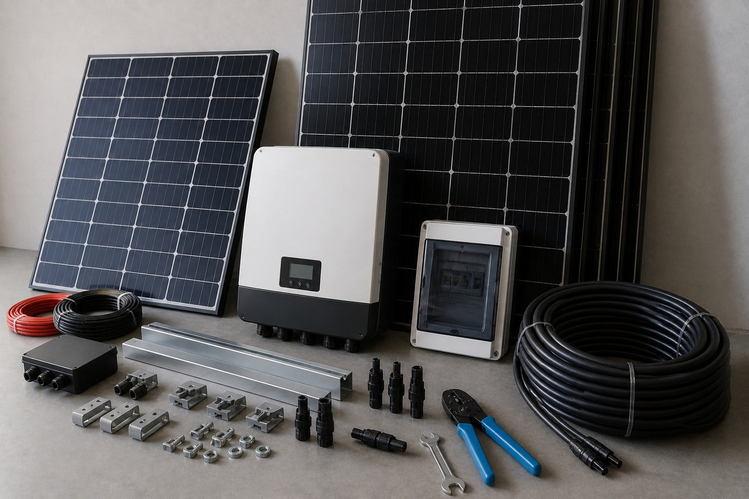 PV modulis ar invertoru, kabeļiem un montāžas materiālu modernā tehniskajā telpā