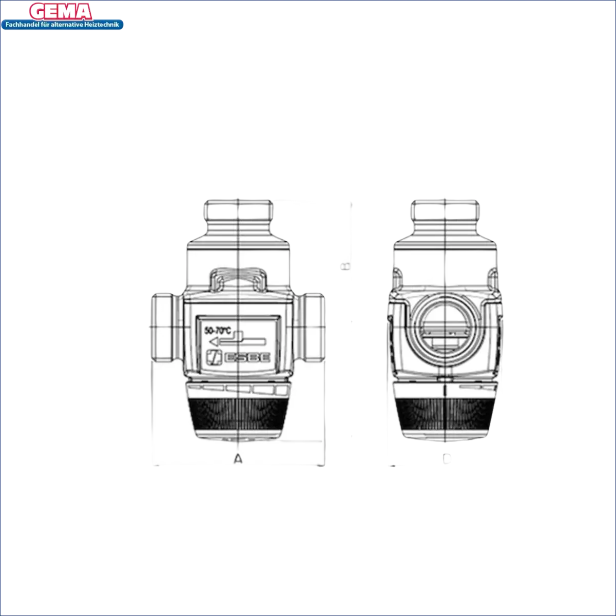 Diagramm des VTC 422 3-Wegemischer ESBE mit Spezifikationen und rücklaufanhebung dient